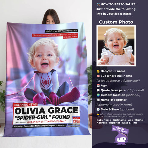Personalized Spider-Girl Baby Blanket – Custom Superhero Name, Quote & Photo for Girls